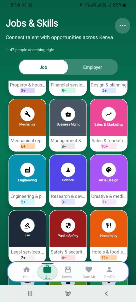 Jobs & Skills screen