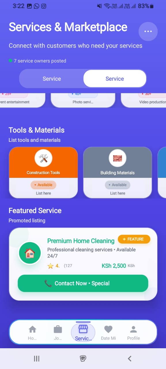 Services & Marketplace screen